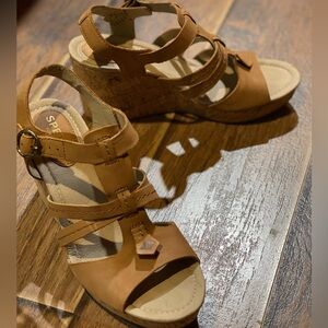 Sperry Brown Tan Cork Wedge 7.5 Sandals Heels Leather